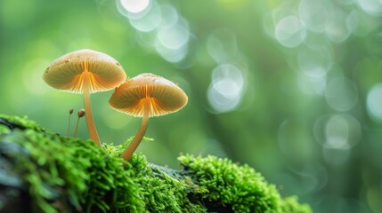 Poster - Pair of mushrooms growing side by side on a mossy log, symbolizing nature's resilience and beauty.