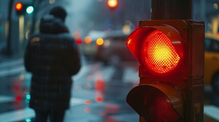 Wall Mural - Pedestrian waiting at a crosswalk, with a close-up of the red pedestrian signal and traffic light in the background.