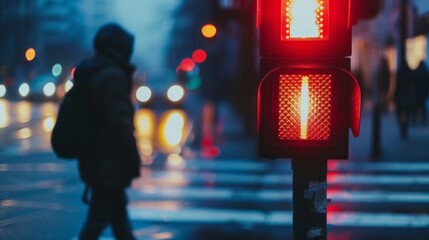 Poster - Pedestrian waiting at a crosswalk, with a close-up of the red pedestrian signal and traffic light in the background.