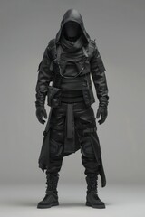 futuristic man dressed in sleek black hooded combat clothing with dark mood
