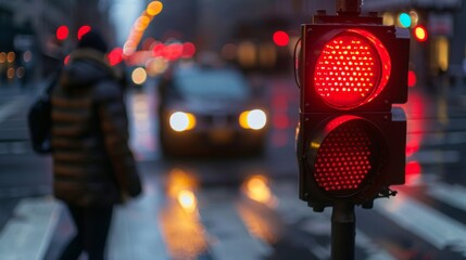 Poster - Pedestrian waiting at a crosswalk, with a close-up of the red pedestrian signal and traffic light in the background.
