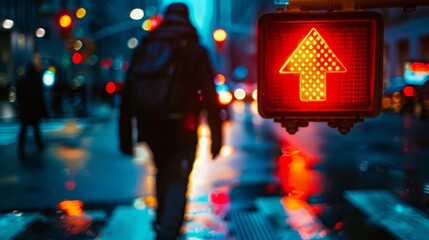 Poster - Pedestrian waiting at a crosswalk, with a close-up of the red pedestrian signal and traffic light in the background.