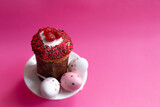 Fototapeta Do akwarium - homemade cake and colored eggs on a white plate. bright holiday of Easter