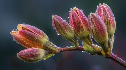 Poster - Rain-soaked flower buds beginning to unfurl, with droplets clinging to their delicate petals like liquid jewels.