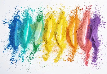 Poster - rainbow colored sand drawing on white background, flat lay, copy space concept banner for pride month Generative AI