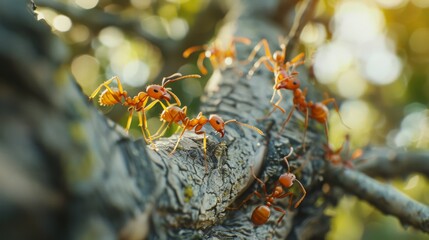Poster - Red ants building a nest in the branches of a tree, showcasing their complex and coordinated construction efforts.