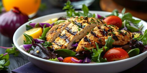 Poster - Vibrant salad bowl with grilled chicken and fresh ingredients for a healthy meal. Concept Healthy Eating, Fresh Ingredients, Grilled Chicken, Vibrant Salad Bowl, Nutritious Meal