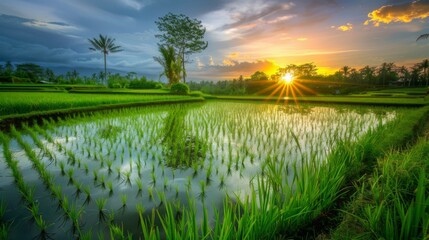 Poster - Scenic view of rice fields reflecting the colors of the setting sun, creating a peaceful and tranquil atmosphere.