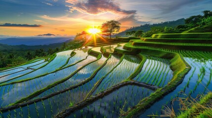 Wall Mural - Scenic view of rice fields reflecting the colors of the setting sun, creating a peaceful and tranquil atmosphere.