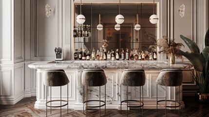Aufkleber - A stylish marble bar counter with four sleek barstools, adorned with modern pendant lights in an upscale lounge during the evening.