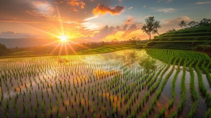 Poster - Scenic view of rice fields reflecting the colors of the setting sun, creating a peaceful and tranquil atmosphere.