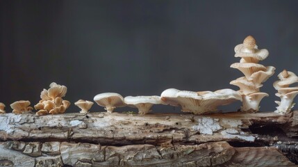 Poster - Shelf fungi in various stages of growth on a log, providing a detailed look at the lifecycle of these forest organisms.