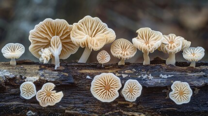 Poster - Shelf fungi in various stages of growth on a log, providing a detailed look at the lifecycle of these forest organisms.