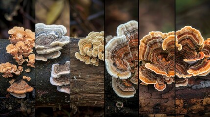 Poster - Shelf fungi in various stages of growth on a log, providing a detailed look at the lifecycle of these forest organisms.