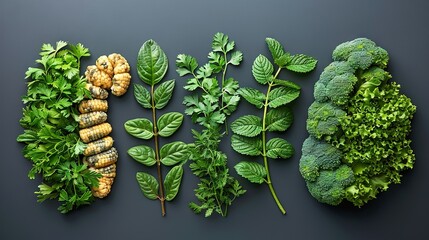 Wall Mural -   Broccoli, lettuce, and other vegetables are arranged on a dark background with bright green foliage