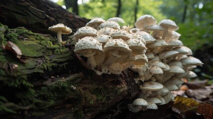 Poster - Small cluster of white mushrooms emerging from the bark of a fallen tree in a damp woodland setting.