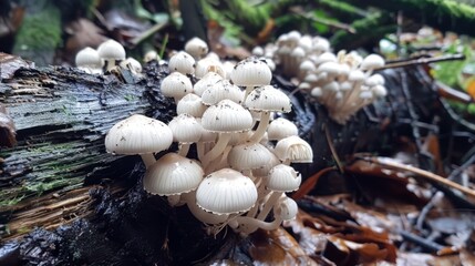 Poster - Small cluster of white mushrooms emerging from the bark of a fallen tree in a damp woodland setting.