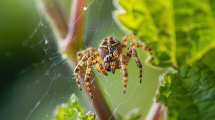 Poster - Small spider spinning a web between two leaves, showcasing its intricate craftsmanship.