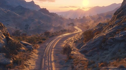 Poster - Sunrise illuminating a winding mountain road, casting long shadows across the rugged terrain.