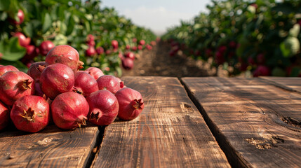Aufkleber - A pile of ripe, red pomegranates placed on a rustic wooden table, with rows of pomegranate trees visible in the background, suggesting a fruitful orchard setting.