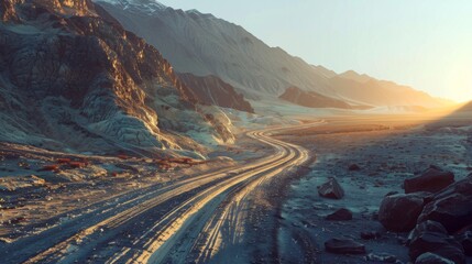 Poster - Sunrise illuminating a winding mountain road, casting long shadows across the rugged terrain.
