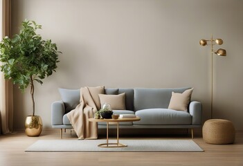 Poster - beige interior gray empty table brass floor branch Wall lamp sofa background living coffee room warm mockup tree Decorated throw vase