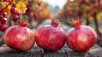 Poster - Three ripe pomegranates are placed on a wooden table in the middle of a vineyard. The vibrant red fruits contrast against the rustic brown of the table, under the shade of grapevines