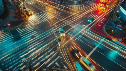 Aufkleber - Time-lapse effect of cars moving through an intersection with changing traffic lights, creating light trails.