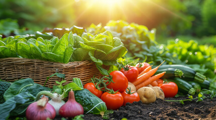 Poster -  A bountiful collection of freshly harvested vegetables, including tomatoes, carrots, onions, and leafy greens, arranged in a garden under the warm glow of the setting sun.