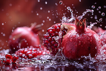 Poster - Fresh pomegranates being splashed with water, creating a vibrant and refreshing image against a dark background