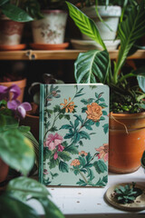 Poster - A notebook is placed on a shelf beside various potted plants, creating a simple and organized display in a room