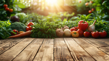 Poster - Fresh Garden Vegetables on a Wooden Table at Sunrise, copy space