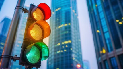 Poster - Traffic light against the backdrop of a modern skyline, with skyscrapers and office buildings in the distance.