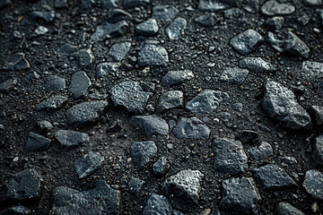 Aufkleber - A detailed view of a black road covered in rocks and gravel, showing texture and composition