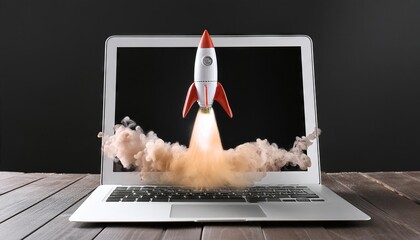 Sticker - Laptop with rocket coming out of the screen on dark background