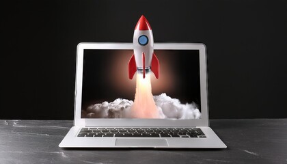 Sticker - Laptop with rocket coming out of the screen on dark background