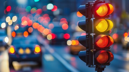 Aufkleber - Traffic light at a busy urban crossroads during rush hour, with streams of cars and pedestrians waiting to cross.