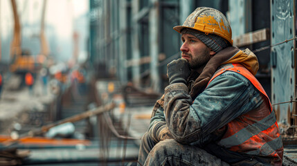 Wall Mural - a construction worker taking a break, looking sick and tired, with a realistic construction site in the background.