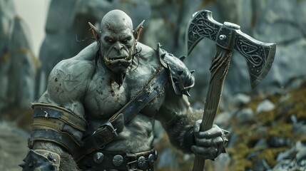 Wall Mural - muscular and aggressive orc - savage fantasy creature holding an axe