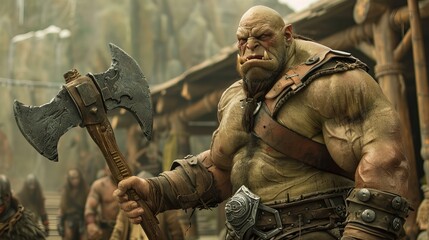 muscular and aggressive, green orc - savage fantasy creature holding an axe