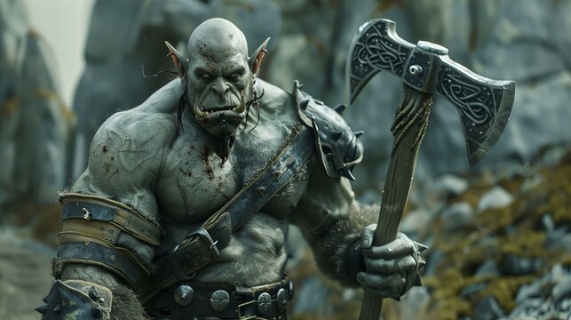 muscular and aggressive orc - savage fantasy creature holding an axe