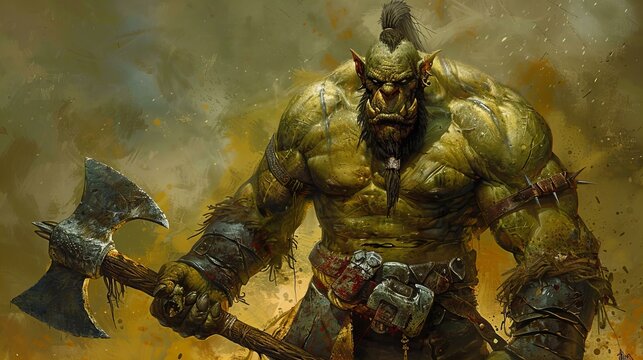 muscular and aggressive, green orc - savage fantasy creature holding an axe