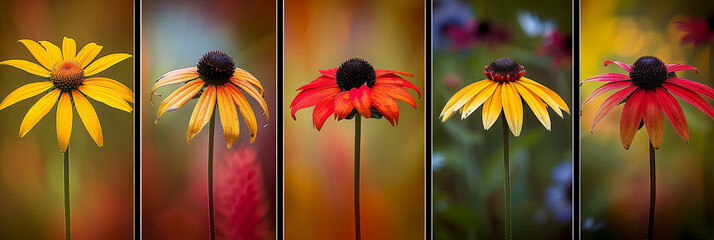 Wall Mural - A series of five Black Eyed Susan flowers, each in a different stage of bloom, photographed in a garden setting