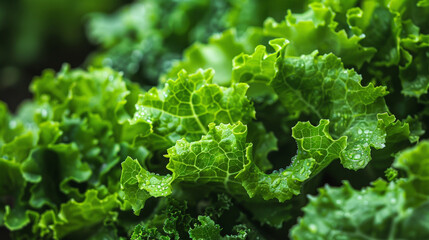 Poster - A close-up view of kale leaves growing in a garden, showcasing the vibrant green colors and unique textures of the plant. The leaves are tightly packed together, with visible veins and serrated edges