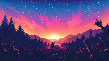 illustration a summer music festival vector poster, featuring a crowd enjoying a concert under the stars,