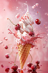 Canvas Print - Delicious vanilla ice cream in cone with cherries. Taste explosion