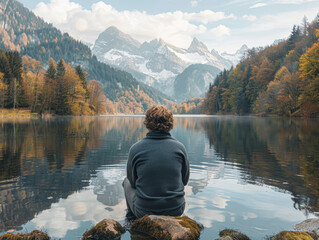 Canvas Print - person sitting at mountain lake watching sunrise during spring