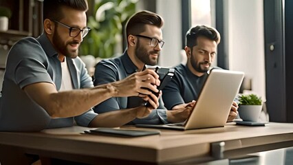 Wall Mural - Three Men Sitting at a Table With Laptop Generative AI