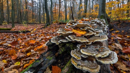 Poster - Variety of fungi sprouting from a decaying log in a vibrant autumn forest, surrounded by fallen leaves.