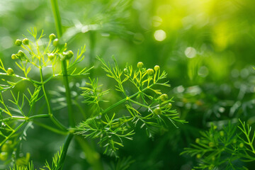 Poster - Detailed view of vibrant green dill  leaves in a field, showcasing the intricate patterns and textures of the foliage